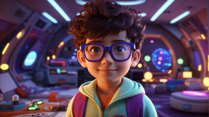 one realistic smiling but tired looking 3d cartoon CGI geeky child