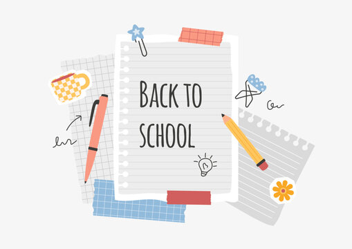 Back to School collage flat lay with copybook page, pen, pencil, paper clips, cup of coffee and flower stickers. Adhesive tapes fix paper note. Cut out vector elements. Composite image for education