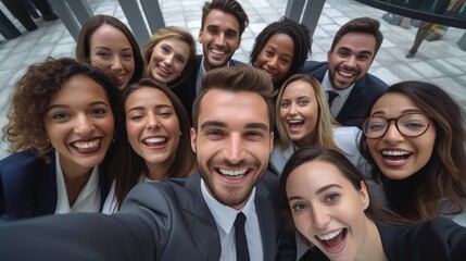 Happy multicultural group of male and female business people taking a selfie together. 