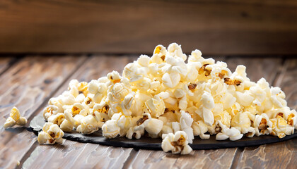 Salt popcorn on the wooden table, selective focus