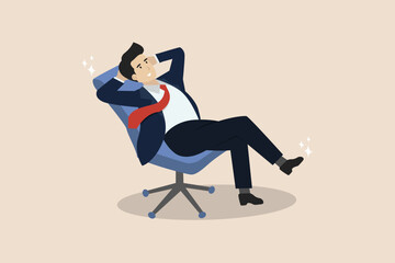 Get promoted, relax or enjoy a new position, a new title, think smart or look for new ideas, smart businessmen sit back and relax in an office chair enjoying a new position.