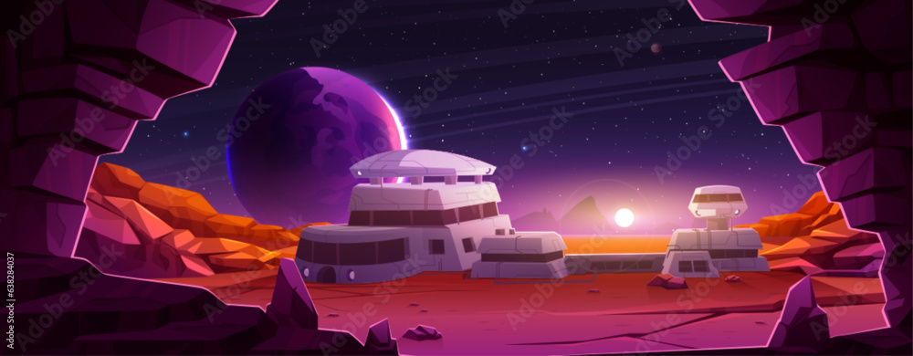 Poster sunset on alien planet space colony station. mars observatory base building with exploration mission