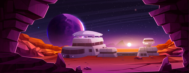 Sunset on alien planet space colony station. Mars observatory base building with exploration mission cartoon vector landscape. Futuristic cosmic desert terrain on outer red satellite expedition - obrazy, fototapety, plakaty