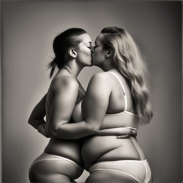 Two undressed women kissing