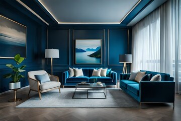chic modern luxury aesthetics style living room in blue tone