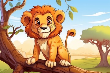 Funny lion in wild nature. Drawn cartoon animal  illustration. Generative ai