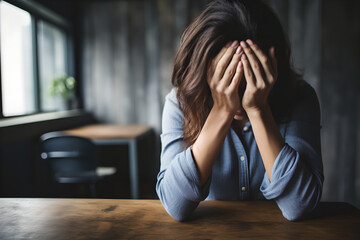 Depressed young woman covering her face with her hands. Photo of a Young Woman Coping with Distress by Covering Her Face. mental health concept.