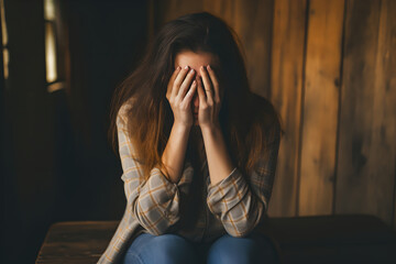 Depressed young woman covering her face with her hands. Photo of a Young Woman Coping with Distress by Covering Her Face. mental health concept.