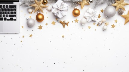 Fototapeta premium Online shopping for winter holidays concept. Flat lay composition with white laptop