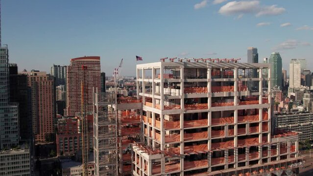 High-rise under construction in New York City, 4K aerial