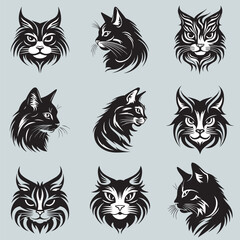 cat head logo, cute cat face illustration set, cat head pet animal simple black and white illustration