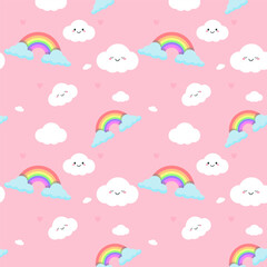 Rainbows and clouds cute seamless pattern decorating small hearts in pastel pink background