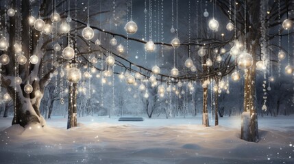 Sparkling lights and ornaments on a snowy winter scene - obrazy, fototapety, plakaty