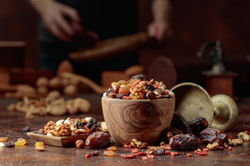 Various dried fruits and nuts on a kitchen table.