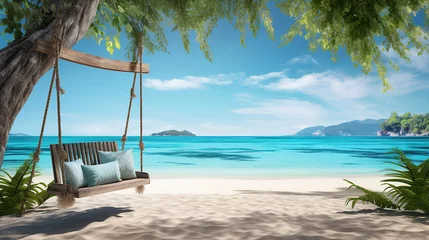 Foto op Plexiglas Paradise beach, relax landscape with beach swing or hammock on coconut palm and white sand calm sea sunny sky for exotic beach template. Amazing beach scene vacation and summer holiday. Luxury travel © arhendrix