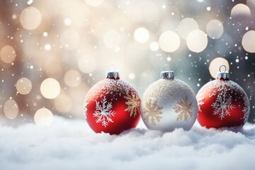 Fototapeta na wymiar Festive Christmas ornaments on a snowy background