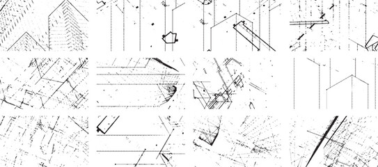 Overlay textures set stamp with grunge effect. Old damage Dirty grainy and scratches. Set of different distressed black grain texture. Distress overlay vector textures.	