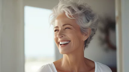 Tuinposter Beautiful gorgeous 50s mid age beautiful elderly senior model woman with grey hair laughing and smiling. Mature old lady close up portrait. Healthy face skin care beauty, skincare cosmetics, dental. © Emil