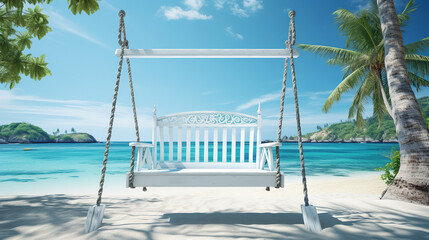 Paradise beach, relax landscape with beach swing or hammock on coconut palm and white sand calm sea sunny sky for exotic beach template. Amazing beach scene vacation and summer holiday. Luxury travel - obrazy, fototapety, plakaty