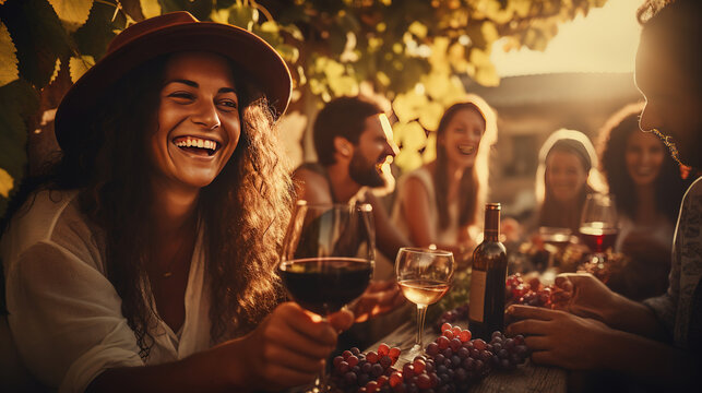 Friends toasting red wine glass and having fun cheering at winetasting experience. Young people enjoying harvest time together outside at farm house vineyard countryside.