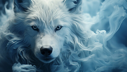 The contours of a wolf face in the mist. Mist texture. Paint water mix. Blue glowing fog cloud wave abstract art background with free space. © Kyrtap_Studio