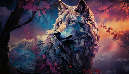 Majestic wolf steps forth from the cool mist. With intelligent eyes that pierce the night, the wolf embodies the mystery and wildness of the moonlit realm. © Kyrtap_Studio