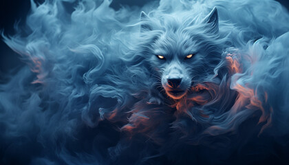 The contours of a wolf face in the mist. Mist texture. Paint water mix. Blue glowing fog cloud wave abstract art background with free space. © Kyrtap_Studio