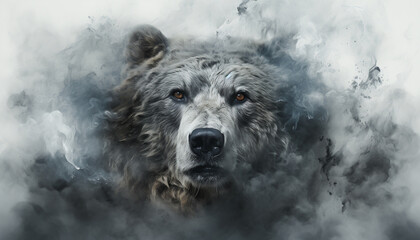 The contours of a bear face in the mist. Mist texture. Paint water mix. Gray glowing fog cloud wave abstract art background with free space. © Kyrtap_Studio