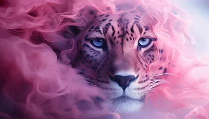 The contours of a Exotic tiger face in the mist. Mist texture. Paint water mix. Pink and rose glowing fog cloud wave abstract art background with free space. © Kyrtap_Studio