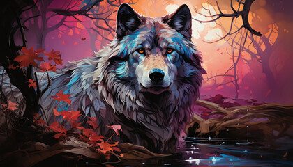 Majestic wolf steps forth from the cool mist. With intelligent eyes that pierce the night, the wolf embodies the mystery and wildness of the moonlit realm. © Kyrtap_Studio