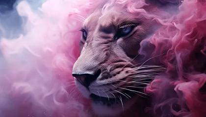 The contours of a Exotic Lion face in the mist. Mist texture. Paint water mix. Pink and rose glowing fog cloud wave abstract art background with free space. © Kyrtap_Studio