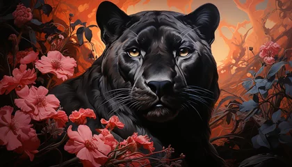  a sleek panther emerges from the mist, embodying a sense of quiet strength. Exotic flowers bloom amidst the lush foliage, surrounding the scene with an aura of otherworldly beauty.  © Kyrtap_Studio