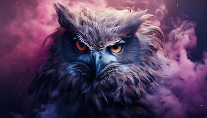 The contours of a owl face in the mist. Mist texture. Paint water mix. Crimson glowing fog cloud wave abstract art background with free space. © Kyrtap_Studio