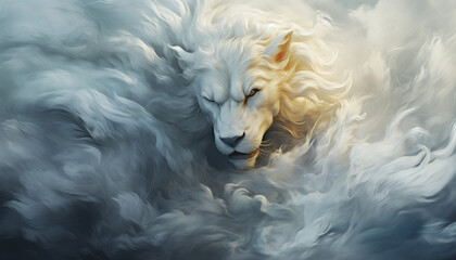 The contours of a Griffin face in the mist. Mist texture. Paint water mix. Gold glowing fog cloud wave abstract art background with free space. © Kyrtap_Studio