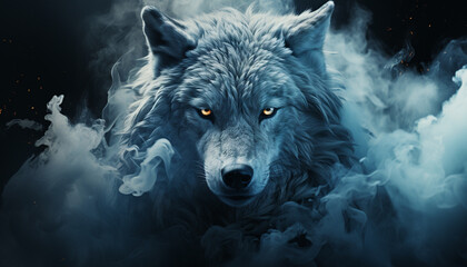 The contours of a wolf face in the mist. Mist texture. Paint water mix. Blue glowing fog cloud wave abstract art background with free space. © Kyrtap_Studio