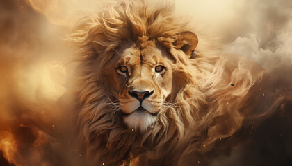 The contours of a lion face in the mist. Mist texture. Paint water mix. Yellow glowing fog cloud wave abstract art background with free space. © Kyrtap_Studio