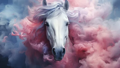 The contours of a Horse face in the mist. Mist texture. Paint water mix. Silver glowing fog cloud wave abstract art background with free space. © Kyrtap_Studio