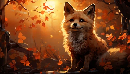 A clever fox steps forth from the misty ambiance. Sunset hues grace the sky, casting a warm glow on falling autumn leaves.  © Kyrtap_Studio