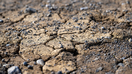 Close up of cracks in very dry soil in summer
