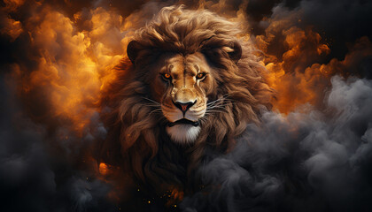 The contours of a lion face in the mist. Mist texture. Paint water mix. Yellow glowing fog cloud wave abstract art background with free space. © Kyrtap_Studio