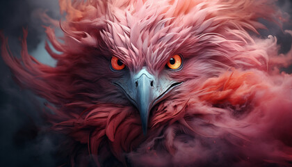 The contours of a Griffin face in the mist. Mist texture. Paint water mix. Pink glowing fog cloud wave abstract art background with free space. © Kyrtap_Studio