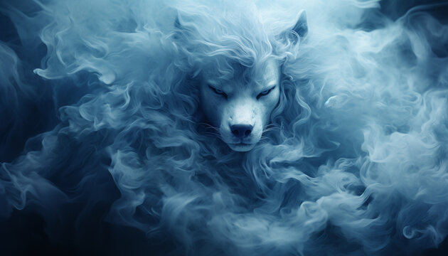 The contours of a wolf face in the mist. Mist texture. Paint water mix. Blue glowing fog cloud wave abstract art background with free space.