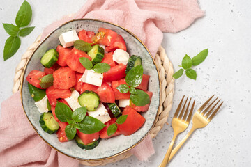 Summer salad with watermelon, mint, cucumber and feta cheese