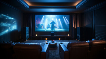 3d home cinema room with blue lights
