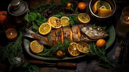 grilled salmon with lemon on a wooden board