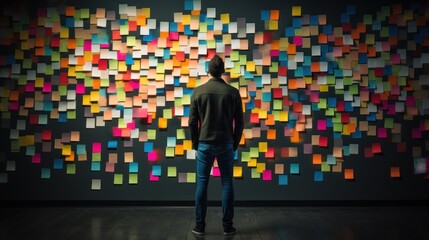 Adult man contemplating colorful ideas. Creative professional pondering project steps, analyzing post-it notes on wall. Brainstorming, strategy and planning, organized chaos concept.