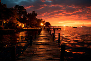 sunset at lake pier