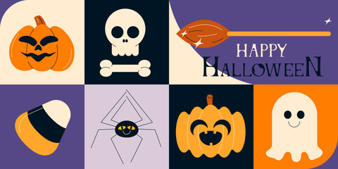 Happy Halloween holiday banner. Abstract geometric Helloween pattern background. October 31 backdrop. Flat vector illustrations set