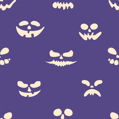 Scary Halloween faces seamless pattern. Helloween holiday endless background with spooky jack pumpkin characters. 31 october repeating print. Flat vector illustration