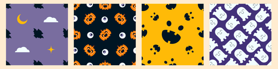 Halloween seamless patterns with cute pumpkins, moon, ghost, bats, spooky faces. Repeating Helloween background. Endless holiday texture design. Colored flat vector illustration